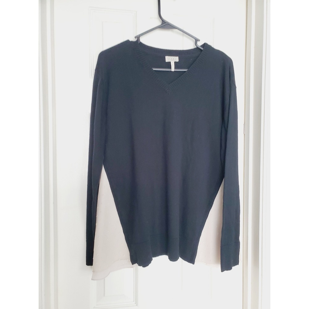 LOGO Lori Goldstein Coquette Sweater Black Mixed Media V-Neck Cotton Cashmere S